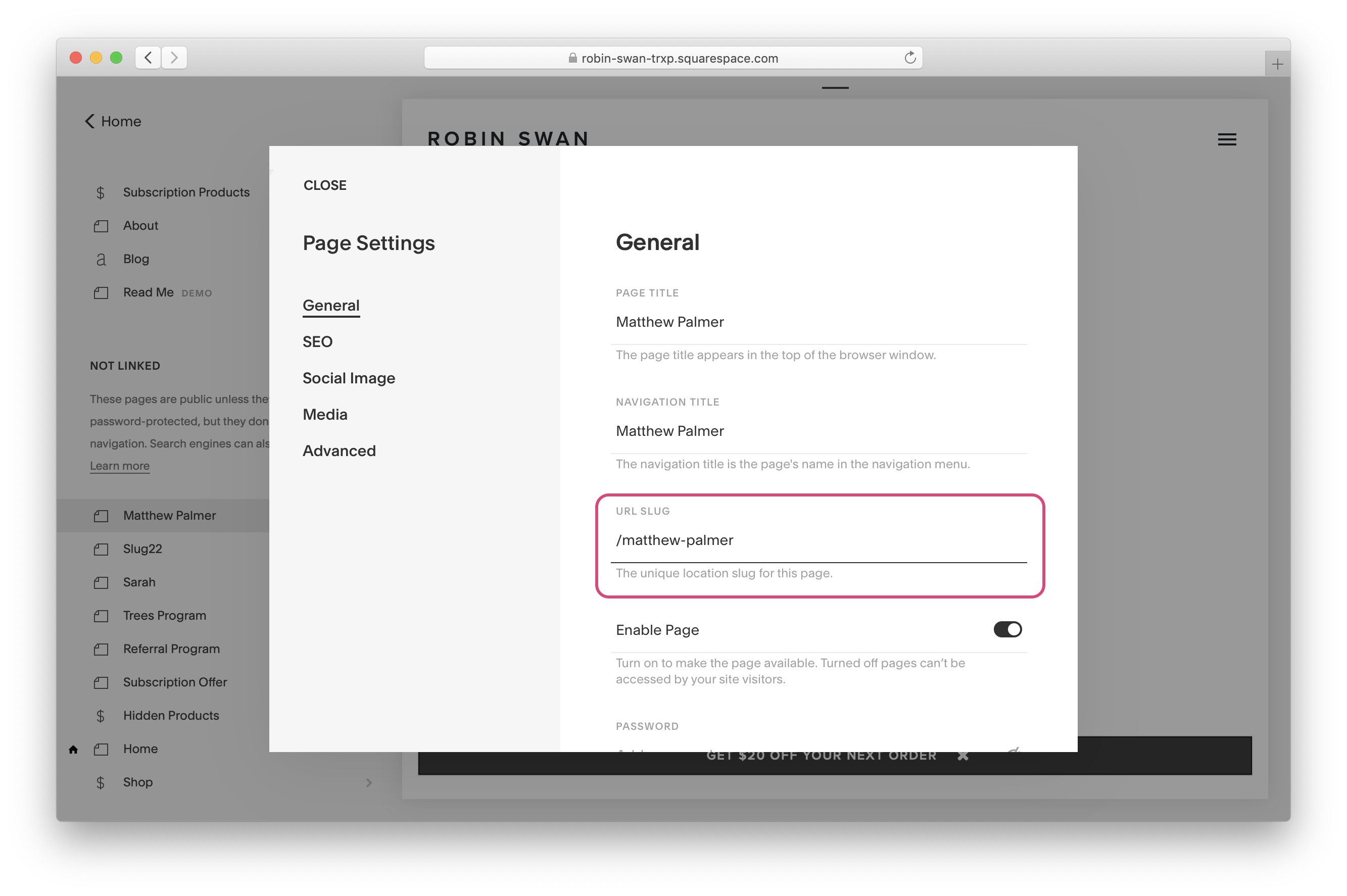 Settings page in Squarespace